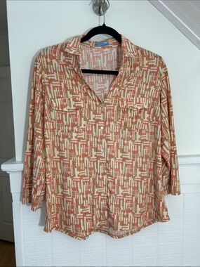 J McLaughlin Button Down Collared Blouse, Pink & Tan size Large